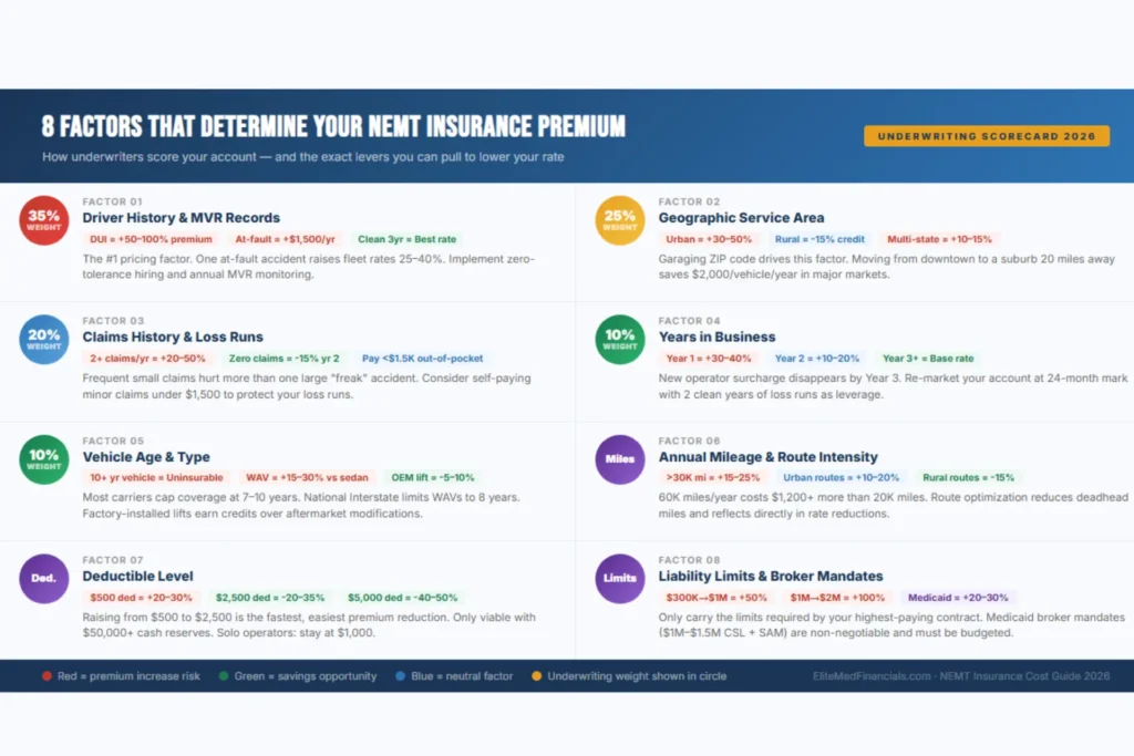 8 key factors that determine NEMT insurance premium — underwriting scorecard showing driver MVR records 35% weight, geographic area 25%, claims history 20%, years in business 10%