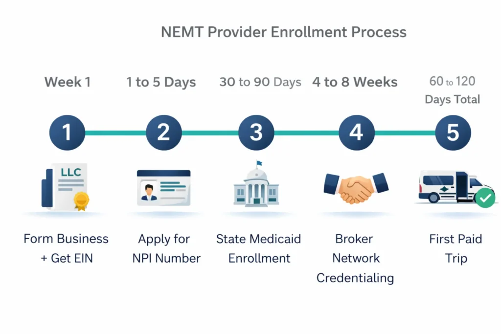 nemt provider enrollment timeline from business formation to first paid trip 60 to 120 days