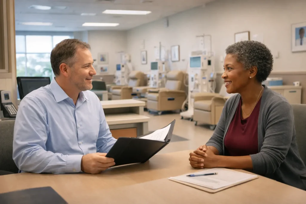 NEMT business owner presenting compliance documents to dialysis center administrator for facility contract
