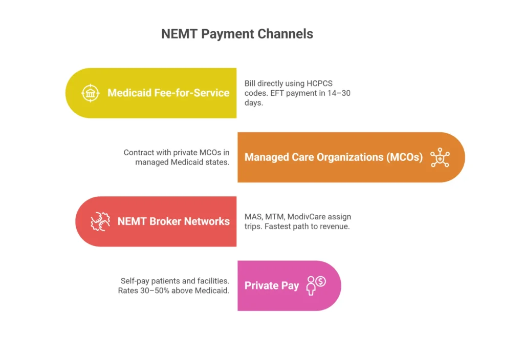 NEMT business payment model — 4 revenue channels: Medicaid FFS, MCO, broker networks, private pay