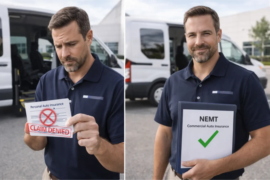 Personal auto insurance does not cover NEMT — NEMT operator with personal insurance policy and denied claim stamp showing coverage gap