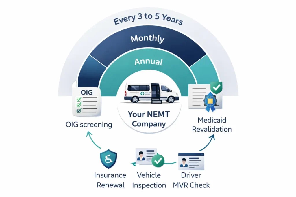 nemt provider compliance calendar showing monthly annual and ongoing requirements to maintain medicaid status
