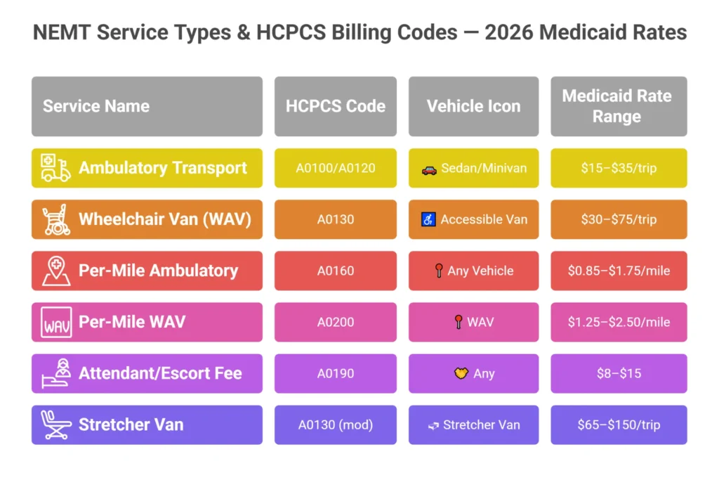 NEMT service types and HCPCS billing codes 2026 — A0100 ambulatory to A0130 wheelchair van Medicaid rate ranges