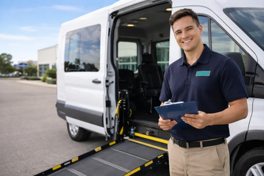 NEMT startup costs 2026 — new operator standing next to white wheelchair accessible van reviewing paperwork