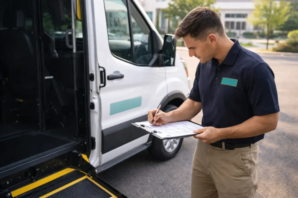 NEMT driver conducting daily vehicle inspection checklist on wheelchair accessible van before first trip