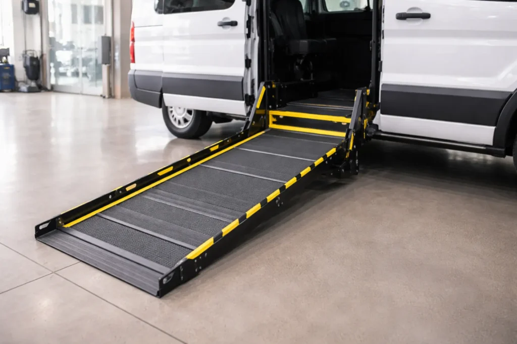 NEMT vehicle modification — wheelchair lift installed on accessible van by NMEDA certified upfitter