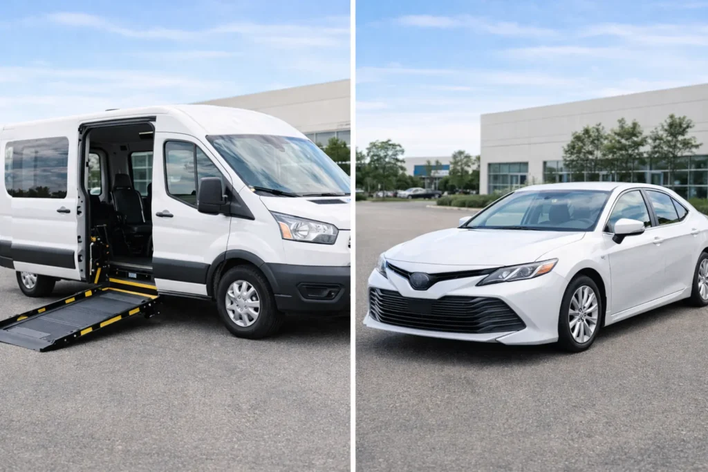 NEMT vehicle cost comparison — wheelchair accessible van (WAV) next to ambulatory sedan showing different startup cost options