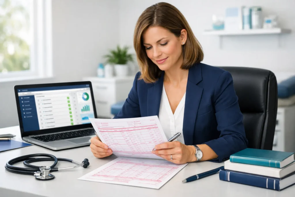 Skin substitute billing codes 2026 — wound care billing specialist reviewing CPT and HCPCS claim forms at a medical office desk