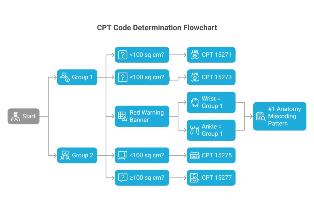 CPT codes 15271 vs 15275 anatomy groups infographic — Group 1
trunk arms legs vs Group 2 face hands feet for skin substitute
billing