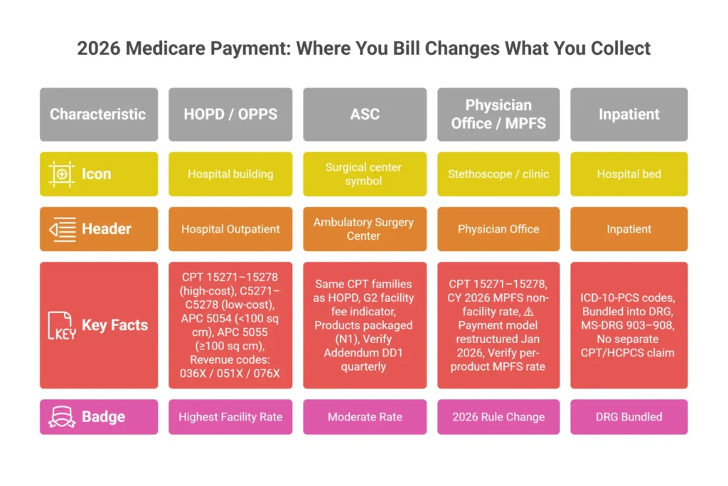 Medicare skin substitute billing by clinical setting infographic
2026 — HOPD OPPS vs ASC vs physician office vs inpatient
payment comparison