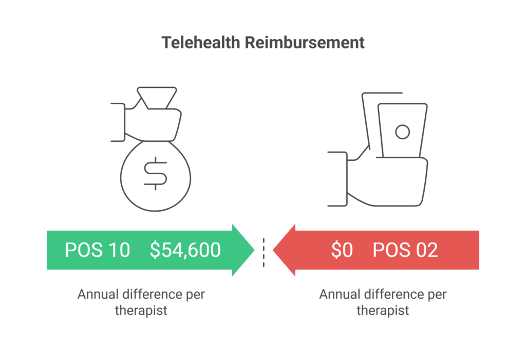 Telehealth billing POS code comparison infographic showing POS 10 vs POS 02 reimbursement difference for mental health providers in 2026