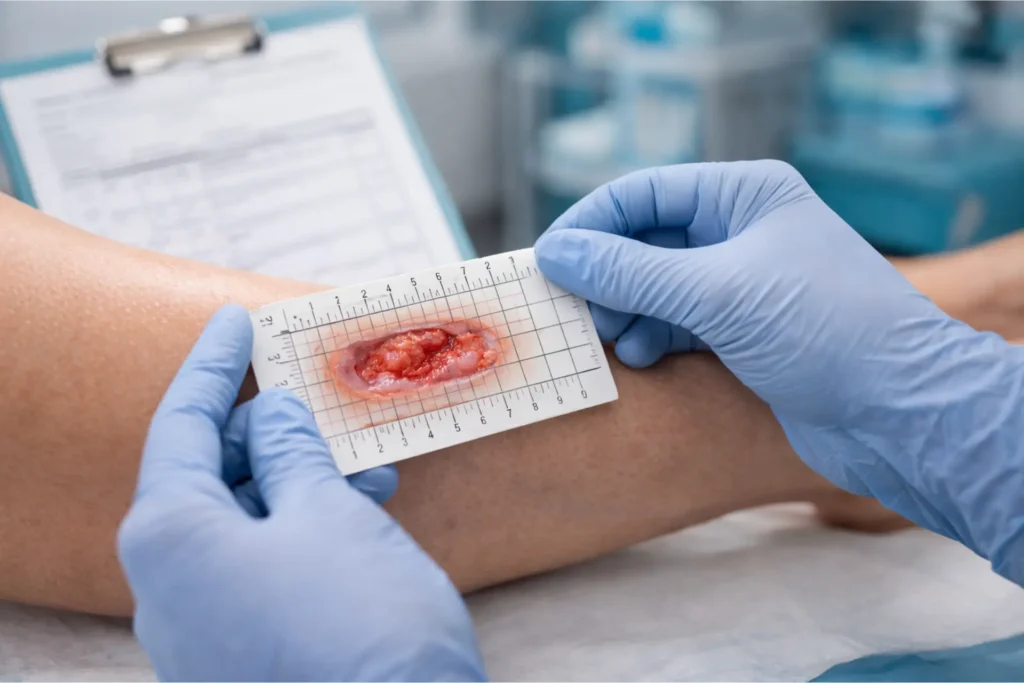 Wound care clinician measuring a diabetic foot ulcer with a
ruler for skin substitute billing documentation — length width
depth measurement required by Medicare LCD