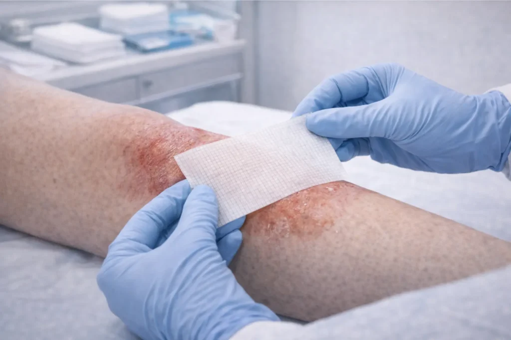 Medicare wound care graft coverage guide 2026 — clinician applying skin substitute to diabetic foot ulcer