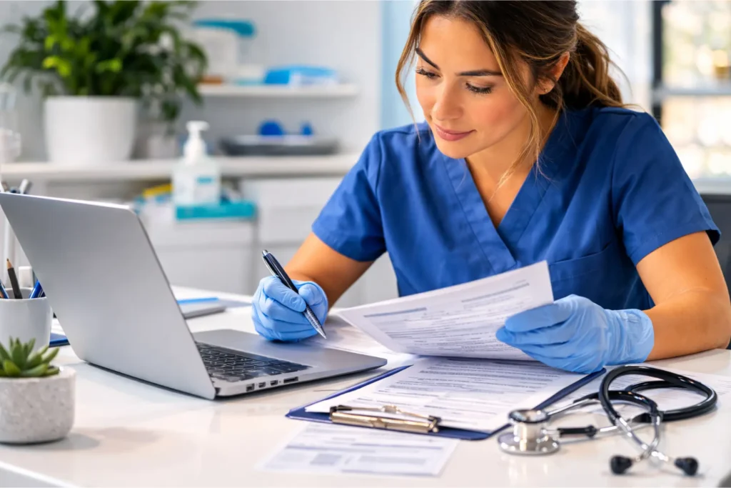 Wound care provider reviewing prior authorization documentation for wound graft application in clinical setting