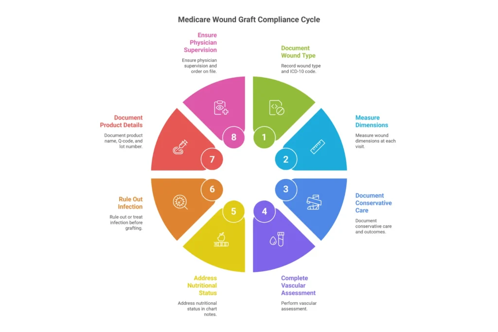 Wound care graft Medicare medical necessity documentation checklist infographic — 8 required elements for LCD L33831 compliance