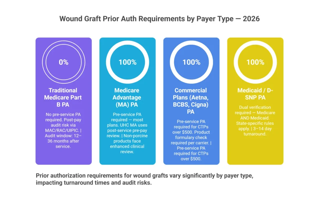 Infographic showing wound graft prior authorization requirements by payer type including Medicare, Medicare Advantage, and commercial insurance