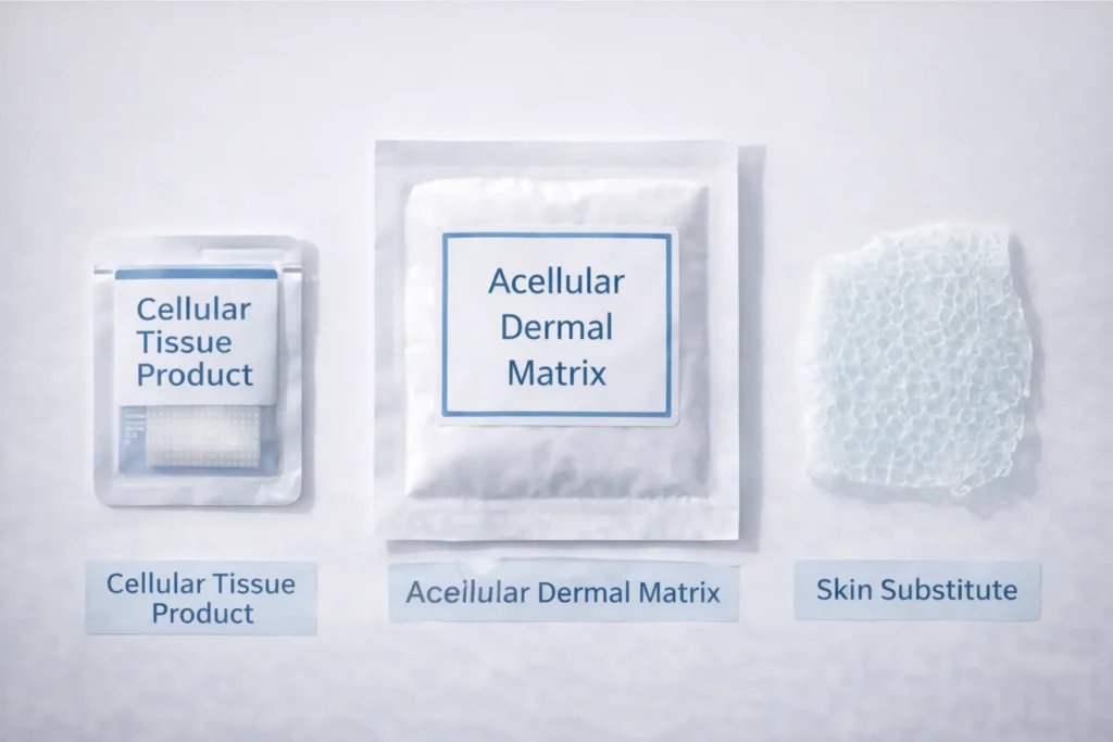 Types of wound care grafts Medicare covers — cellular tissue products, acellular dermal matrices, and skin substitutes displayed in clinical setting