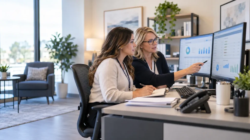 Behavioral health billing specialists reviewing insurance claims and revenue cycle data