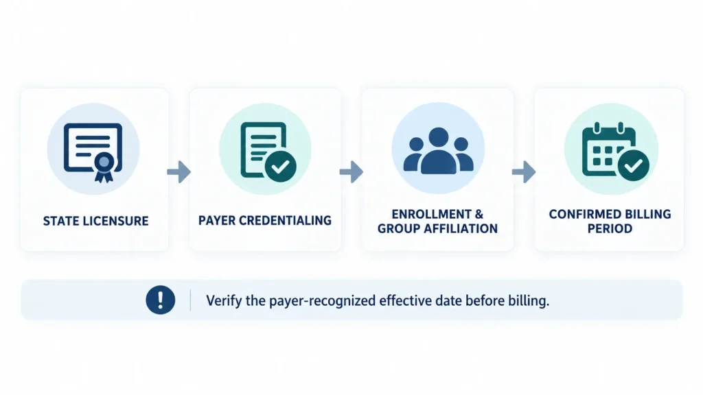 Flow showing behavioral health provider licensure, credentialing, payer enrollment and confirmed billing period