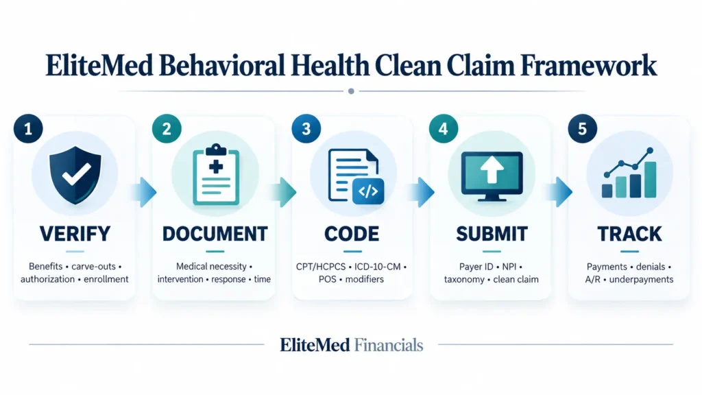 EliteMed Behavioral Health Clean Claim Framework showing Verify, Document, Code, Submit and Track