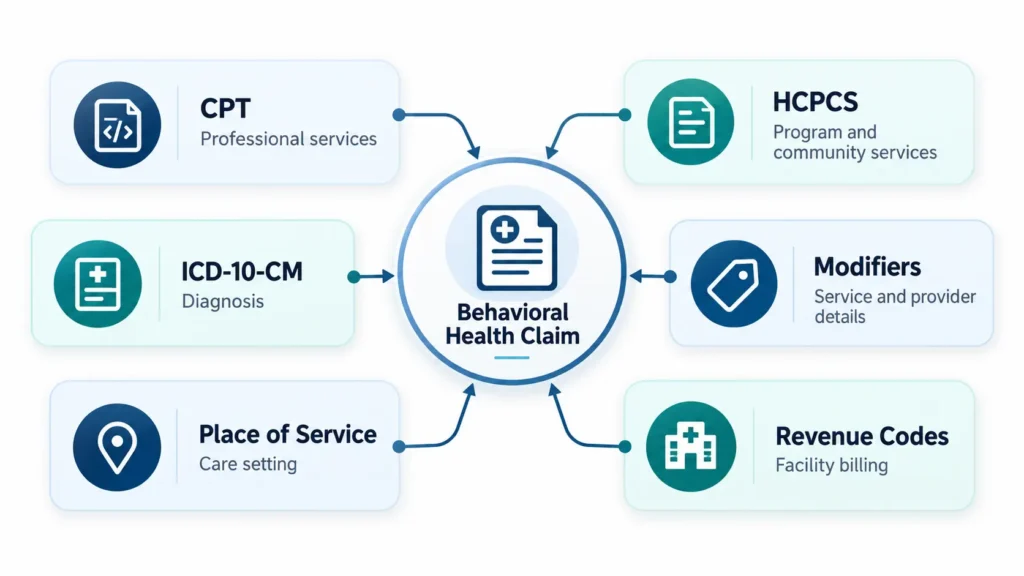 Behavioral health claim showing CPT, HCPCS, ICD-10-CM, modifiers, place of service and revenue codes