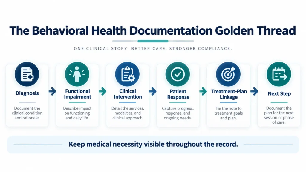 Behavioral health documentation flow from diagnosis to functional impairment, intervention, response, treatment goals and next step