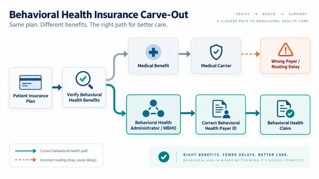 Behavioral health insurance carve-out diagram showing separate medical and behavioral health claim routing