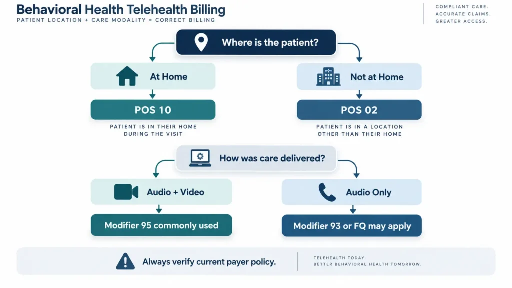 Telehealth behavioral health billing guide showing POS 10, POS 02 and video and audio modifier considerations