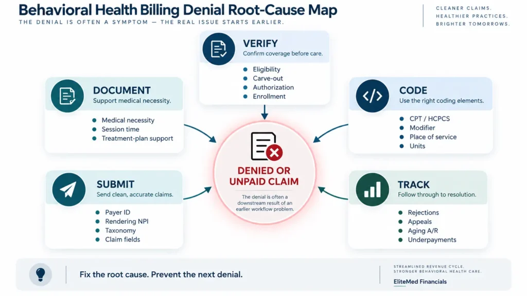 Behavioral health billing denial root causes mapped to Verify, Document, Code, Submit and Track