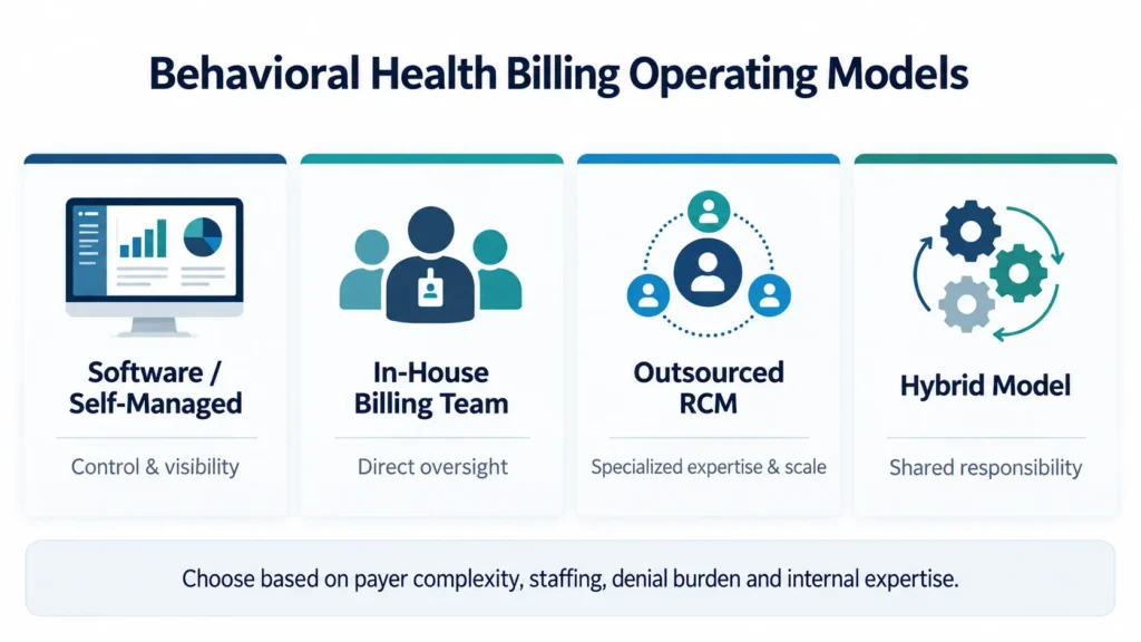 Comparison of software, in-house billing, outsourced RCM and hybrid behavioral health billing models