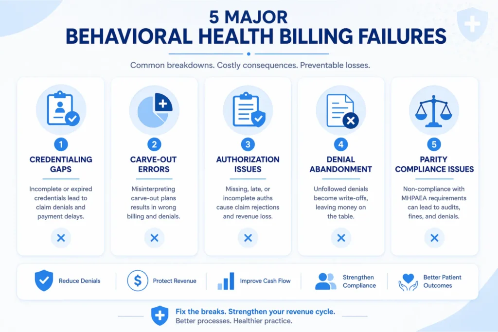 Common behavioral health billing failures including credentialing gaps and denial management issues
