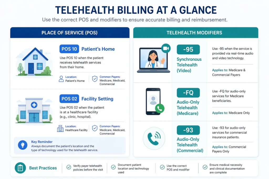 Telehealth billing modifiers and place of service codes for behavioral health including POS 10 POS 02 and audio only modifiers