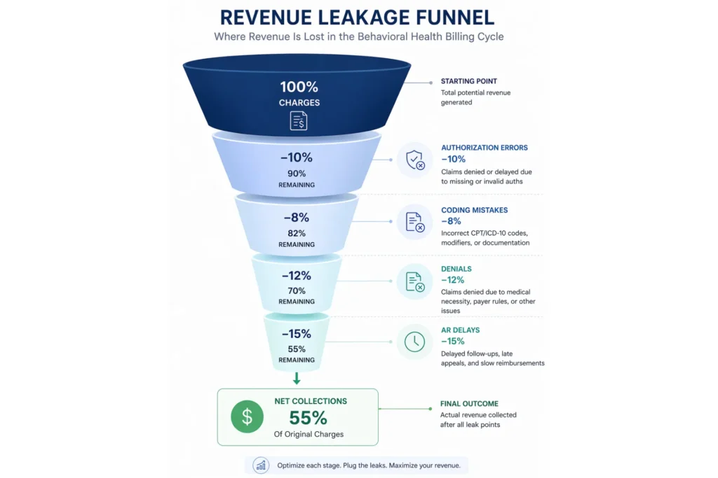 Behavioral health revenue leakage points in billing process including missed authorizations denials and delayed follow up