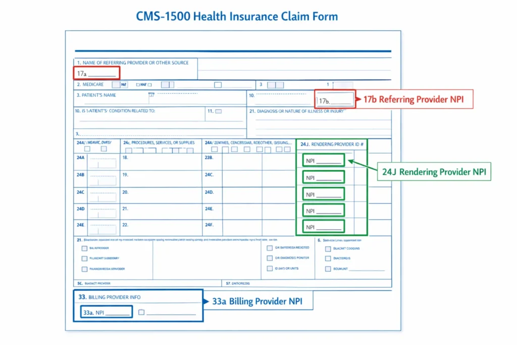 CMS-1500 form showing NPI placement in Box 17b, 24J, and 33a for NEMT billing