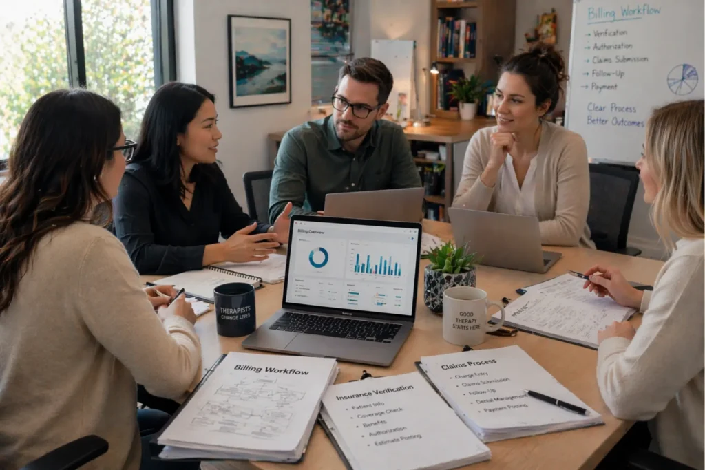 Mental health group practice team collaborating on billing and administrative workflow