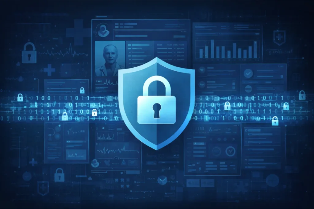 HIPAA compliance for NEMT showing secure patient data systems with encryption and access control