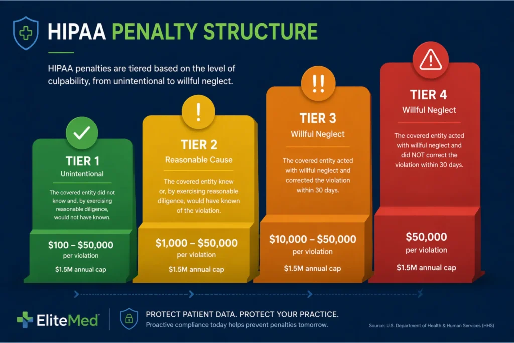 HIPAA penalty tiers for mental health billing violations in 2026 — from $141 to $2,190,000