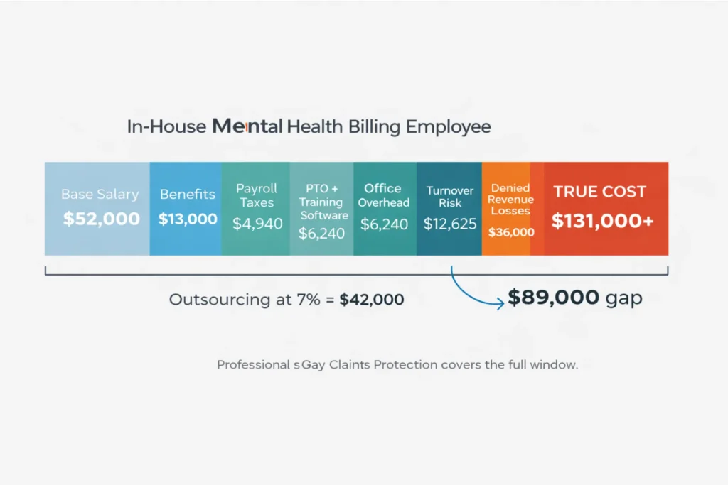 In-house mental health billing true annual cost breakdown showing salary plus benefits taxes software overhead turnover and denied revenue totaling over $100,000