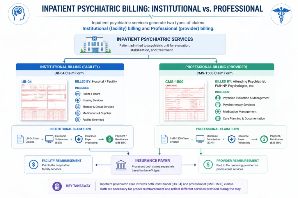 "Inpatient psychiatric billing split between UB-04 institutional and CMS 1500 professional claims"