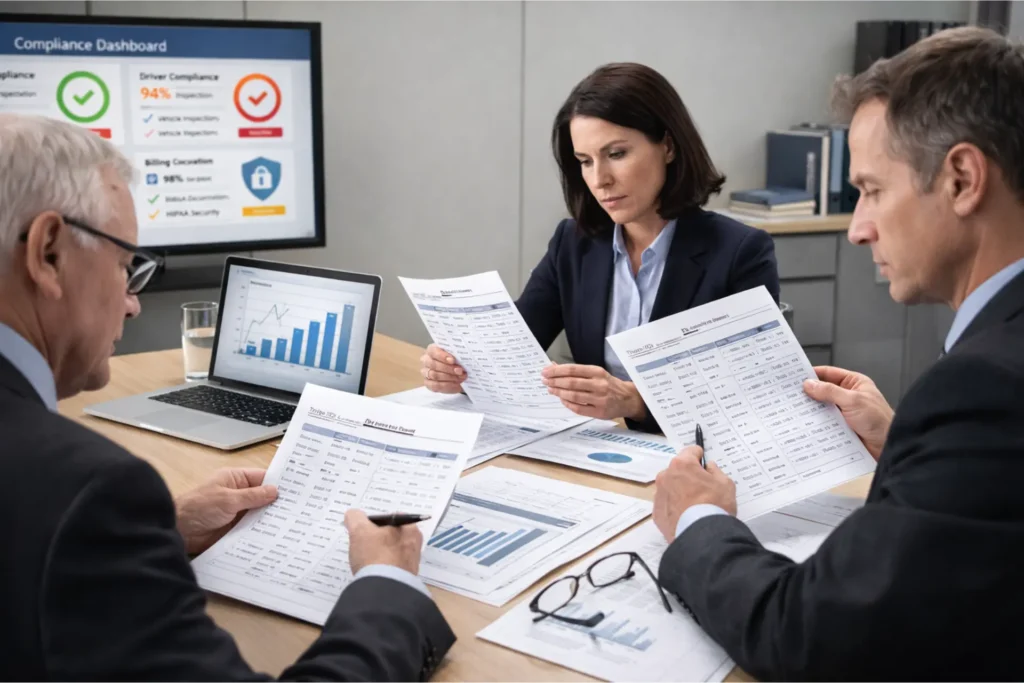Medicaid NEMT audit process showing compliance officer reviewing trip records and audit documents