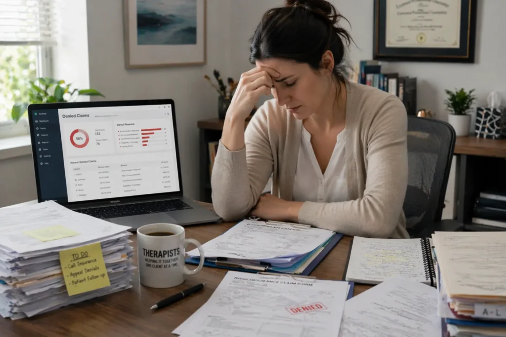 Therapist overwhelmed with billing paperwork, insurance claims, and administrative workload