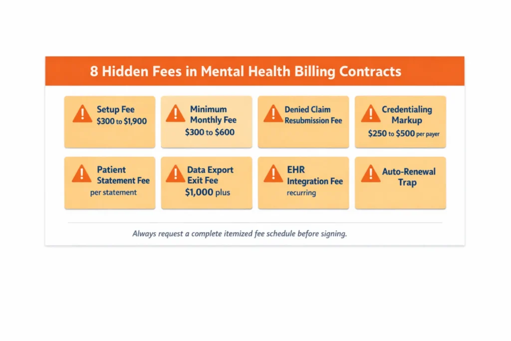 Mental health billing contract hidden fees warning graphic showing 8 surprise costs including setup fees minimum monthly fees and data export charges