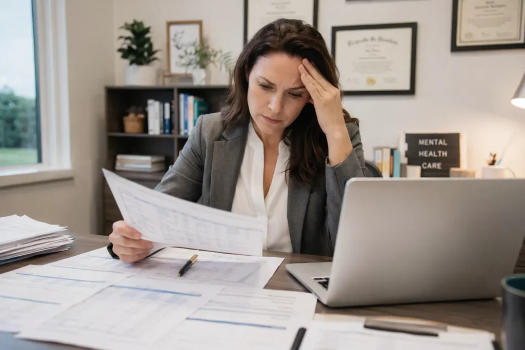 mental health practice owner reviewing denied insurance claims and billing reports on laptop