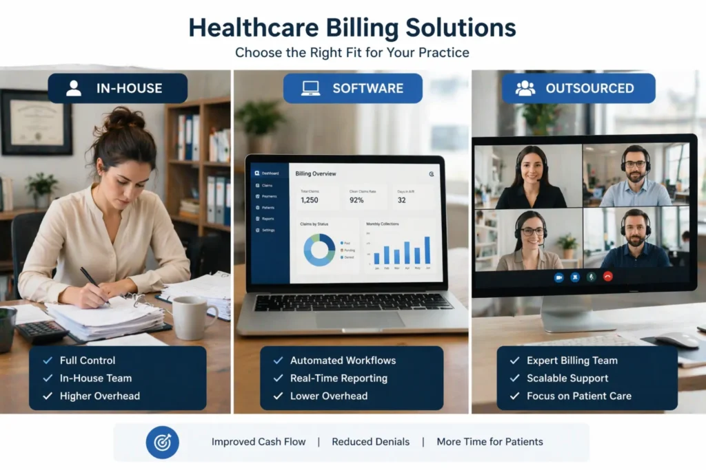 Comparison of in-house billing, software, and outsourced billing for healthcare practice