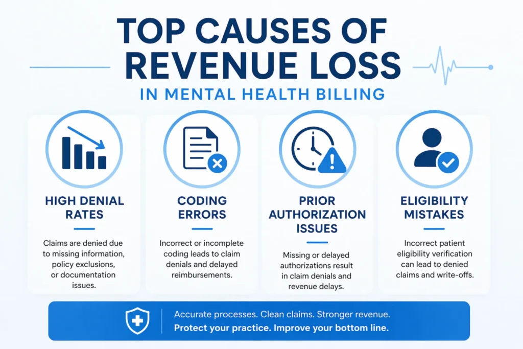 infographic showing top mental health billing mistakes causing revenue loss and claim denials
