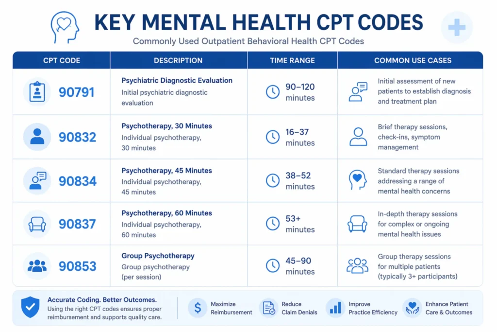 Common mental health CPT codes including 90834 and 90837 used in telehealth billing