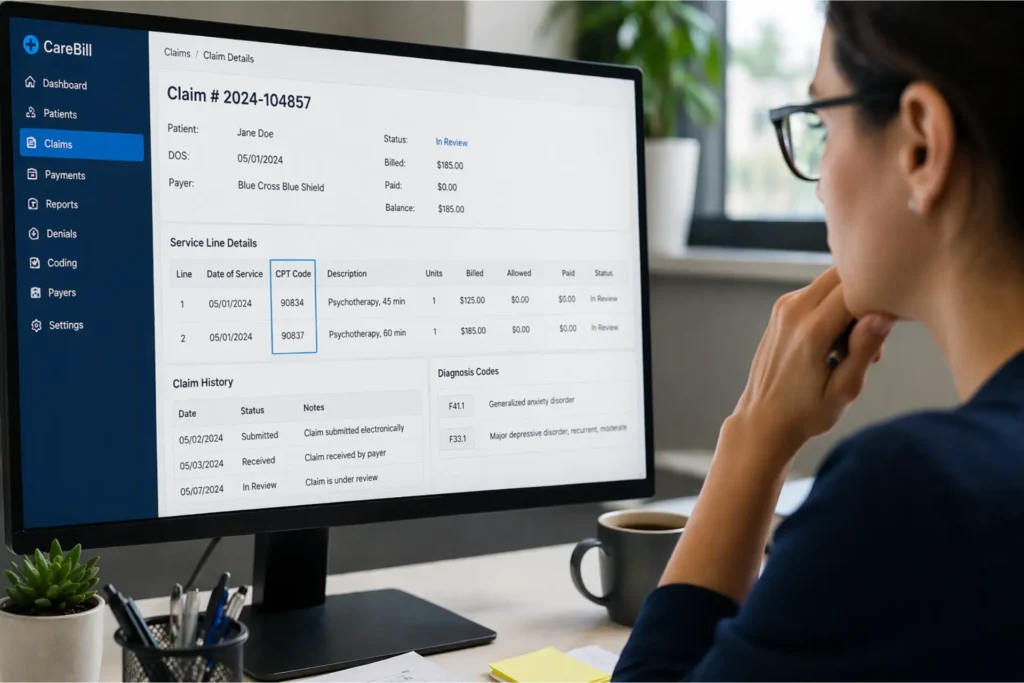 healthcare professional reviewing mental health CPT codes and billing data