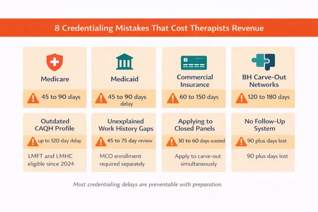 8 common mental health credentialing mistakes that delay revenue including outdated CAQH profile address mismatch and closed panels