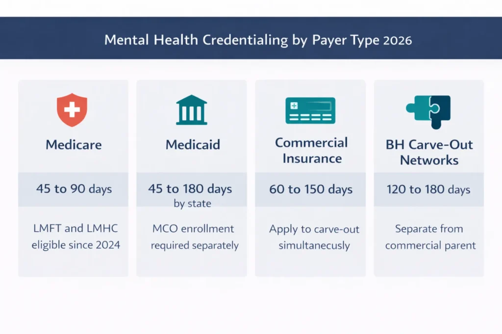 Mental health credentialing payer types comparison showing Medicare Medicaid commercial insurance and behavioral health carve-out networks with timelines
