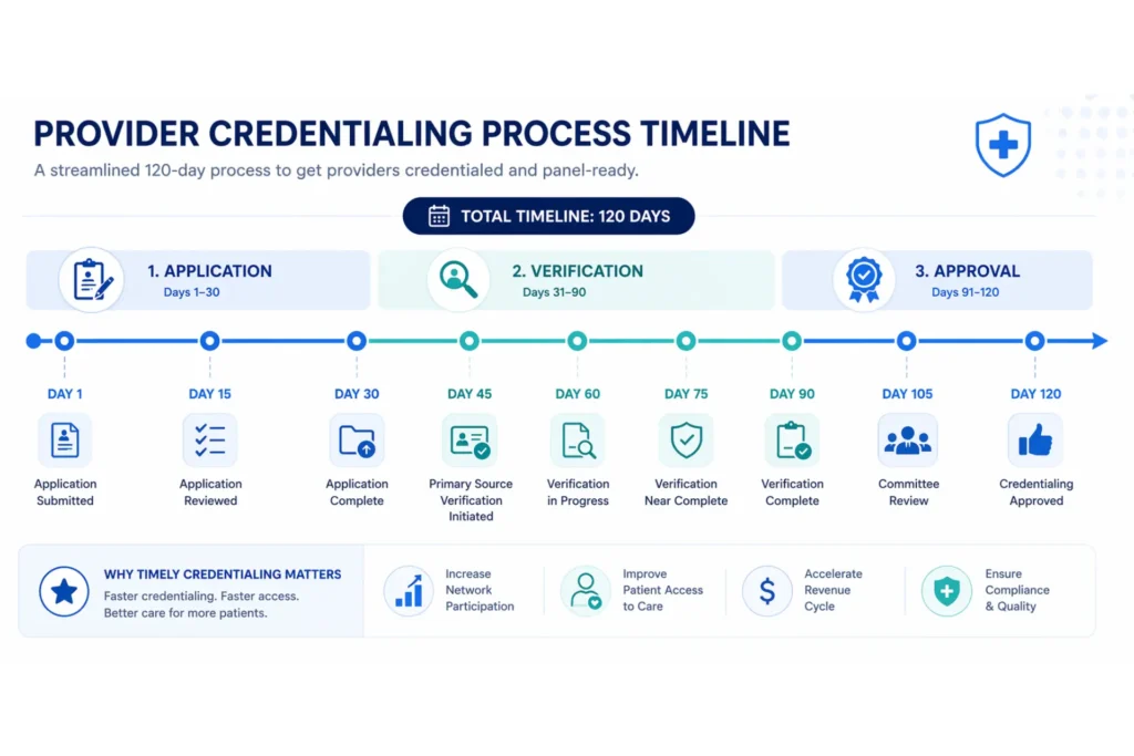 Mental health provider credentialing timeline showing 90 to 120 day process